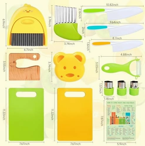 Suhctuptx Kids Knife Set For Real Cooking, Kids Kitchen Knives with Cutting Board Crinkle Cutters Food Conversion Chart & Cleaning Tools, Christmas Birthday Gifts Toddler Toys for Girls Boy Age 2-10