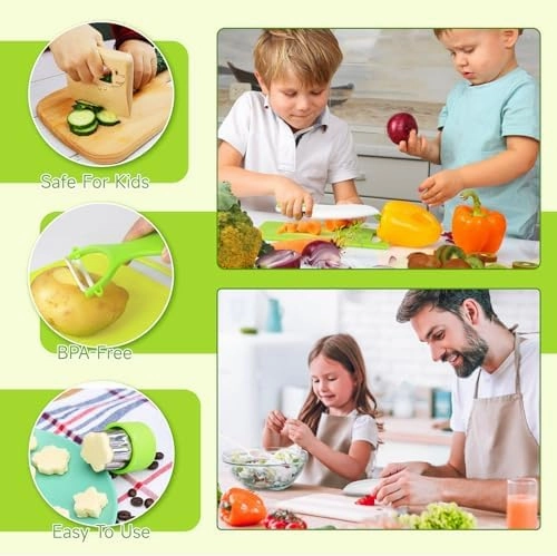 Suhctuptx Kids Knife Set For Real Cooking, Kids Kitchen Knives with Cutting Board Crinkle Cutters Food Conversion Chart & Cleaning Tools, Christmas Birthday Gifts Toddler Toys for Girls Boy Age 2-10