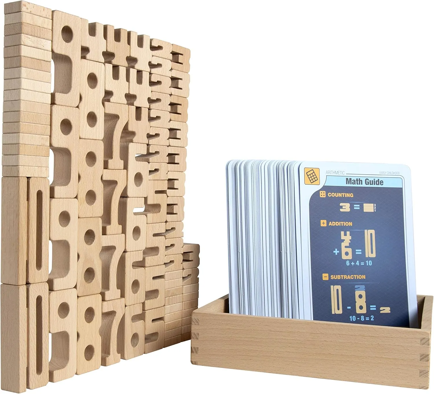 SumBlox Mini (Basic Set) - Set of 80 Mini STEM Solid Wood Educational Numbers, Including Wooden Box and Pack of 80 Activity Cards