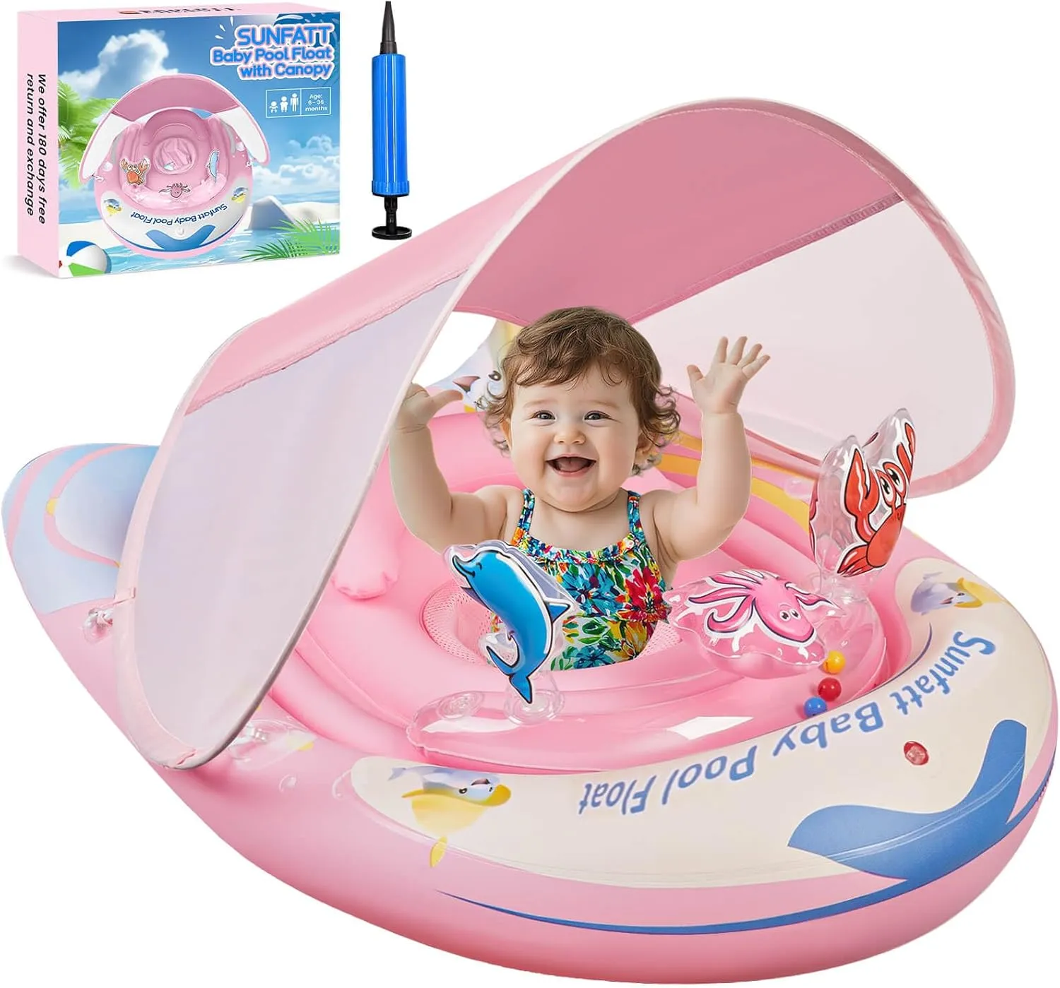 SUNFATT Baby Pool Float with Canopy,Baby Floaties 6-12 Months with UPF 50  Sun Protection & Toy Play Console,Tdooler Float Features an Adjustable Safety Seat for Girls,Toddler,Infant Aged 6-36 Months.
