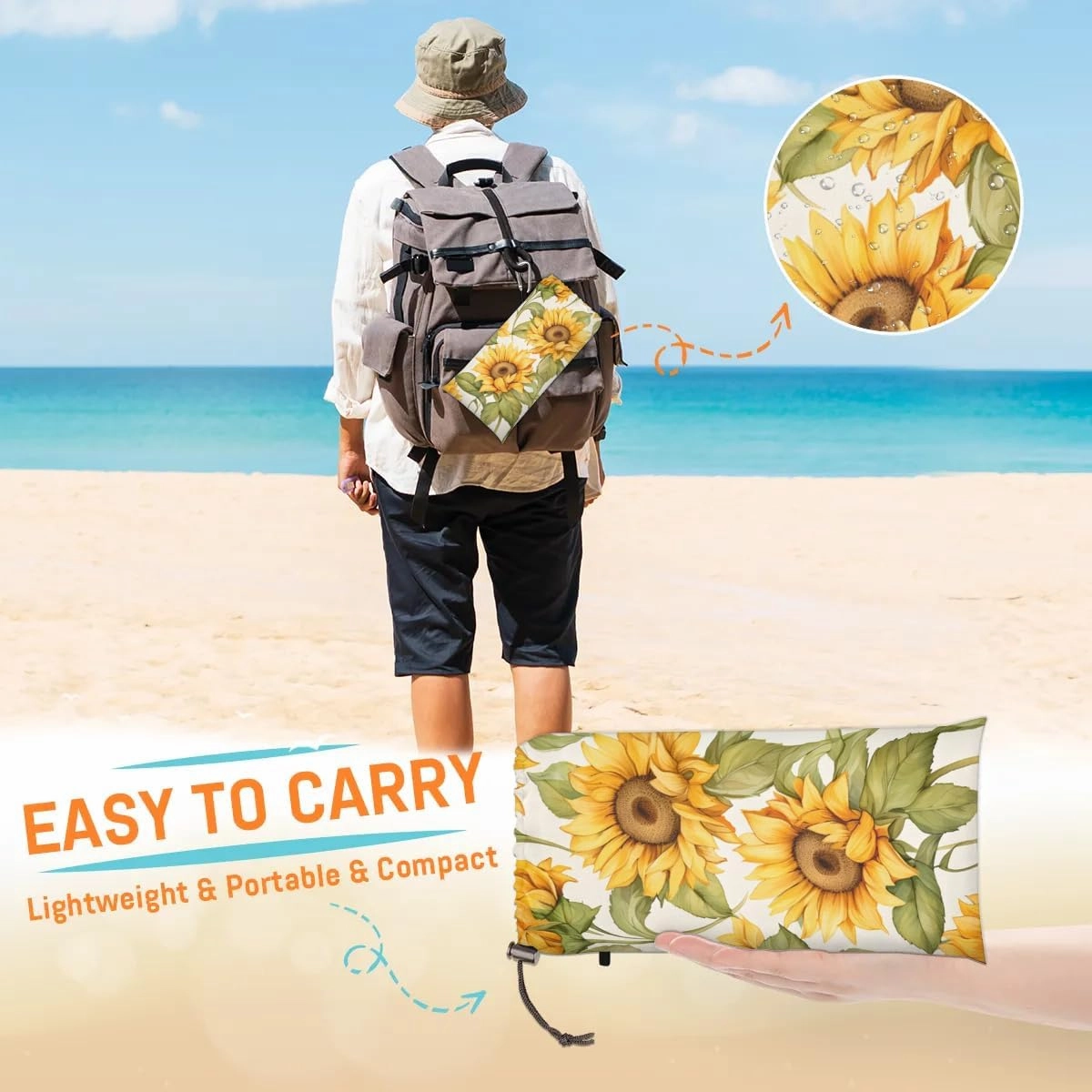 Sunflower Print Beach Blanket, Sandproof Beach Mat, 68 x 59 Waterproof Quick Drying Sand Free Mat with 4 x Ground Spikes for Outdoor Travel Camping Hiking, Wild Floral