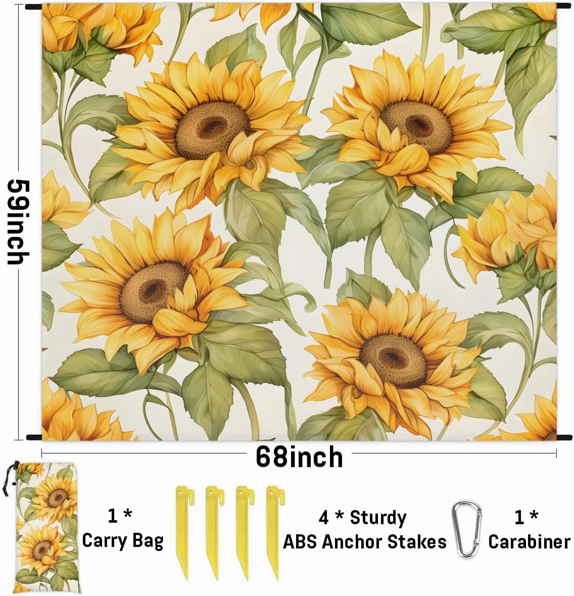 Sunflower Print Beach Blanket, Sandproof Beach Mat, 68 x 59 Waterproof Quick Drying Sand Free Mat with 4 x Ground Spikes for Outdoor Travel Camping Hiking, Wild Floral