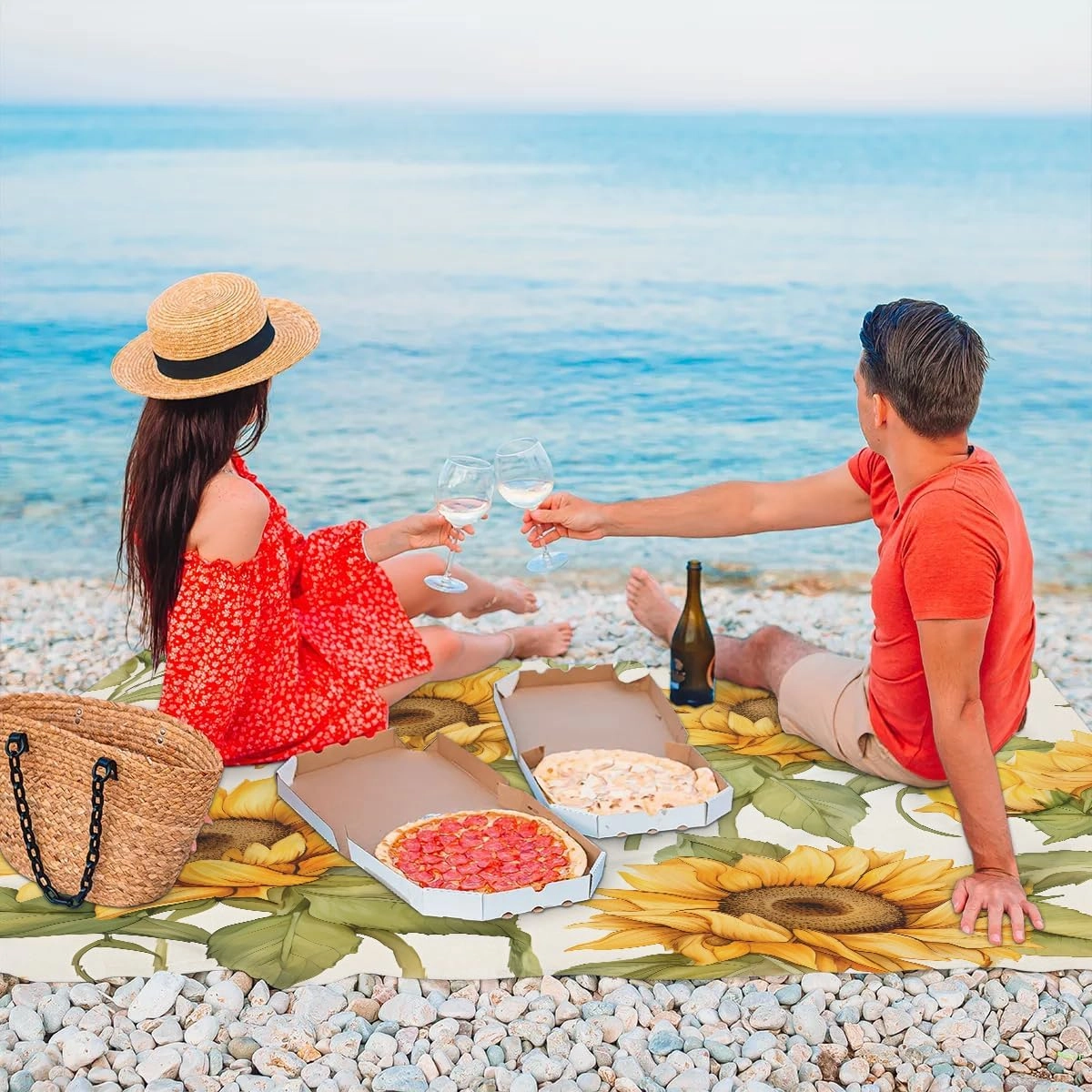 Sunflower Print Beach Blanket, Sandproof Beach Mat, 68 x 59 Waterproof Quick Drying Sand Free Mat with 4 x Ground Spikes for Outdoor Travel Camping Hiking, Wild Floral