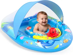 Sunrad Baby Pool Float with Canopy UPF50  Sun Protection, Inflatable Baby Swim Float with Toy Play Console & Adjustable Safety Seat, Toddler Infant Pool Floaties for 6-36 Months