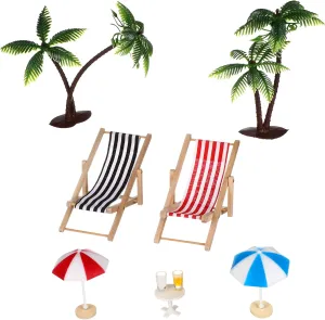 SUPVOX Miniature Beach Set Doll House Decor with Deckchairs Parasols Palm Trees Drinks and Round Tea Table for Fairy Garden and