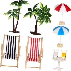 SUPVOX Resin Model Set Doll Palm Trees Tropical Beach Umbrella Deckchairs for Realistic Parasol Decoration Accessories Mini Small Palm Tree Decor Seaside Decorations Seaside Plastic