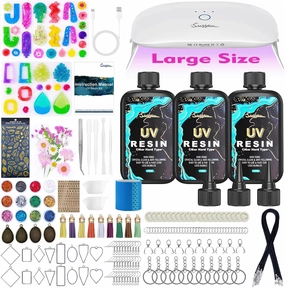 Suzzam UV Resin Jewelry Making Kit, 300g Crystal Clear UV Resin Kit with Molds, 30w & 22 Lamp Beads UV Resin Light Large for Craft Making Earrings, Necklaces, Keychains