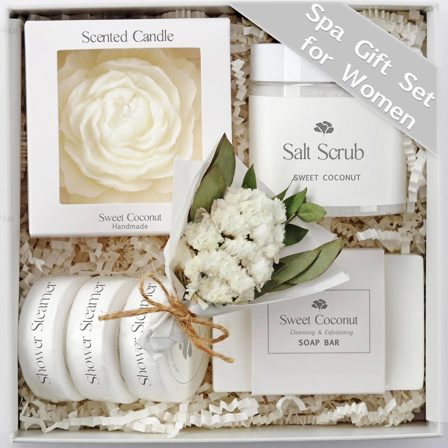 Sweet Coconut Spa Gift Baskets for Women – Scented Self Care Shower Essential - Elegant Kit for Mom, Wife, Sister, Friend - Body Bath Set - Aromatic Box for Occasions - Home Spa-Inspired