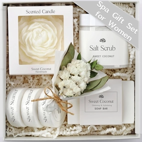 Sweet Coconut Spa Gift Baskets for Women – Scented Self Care Shower Essential - Elegant Kit for Mom, Wife, Sister, Friend - Body Bath Set - Aromatic Box for Occasions - Home Spa-Inspired