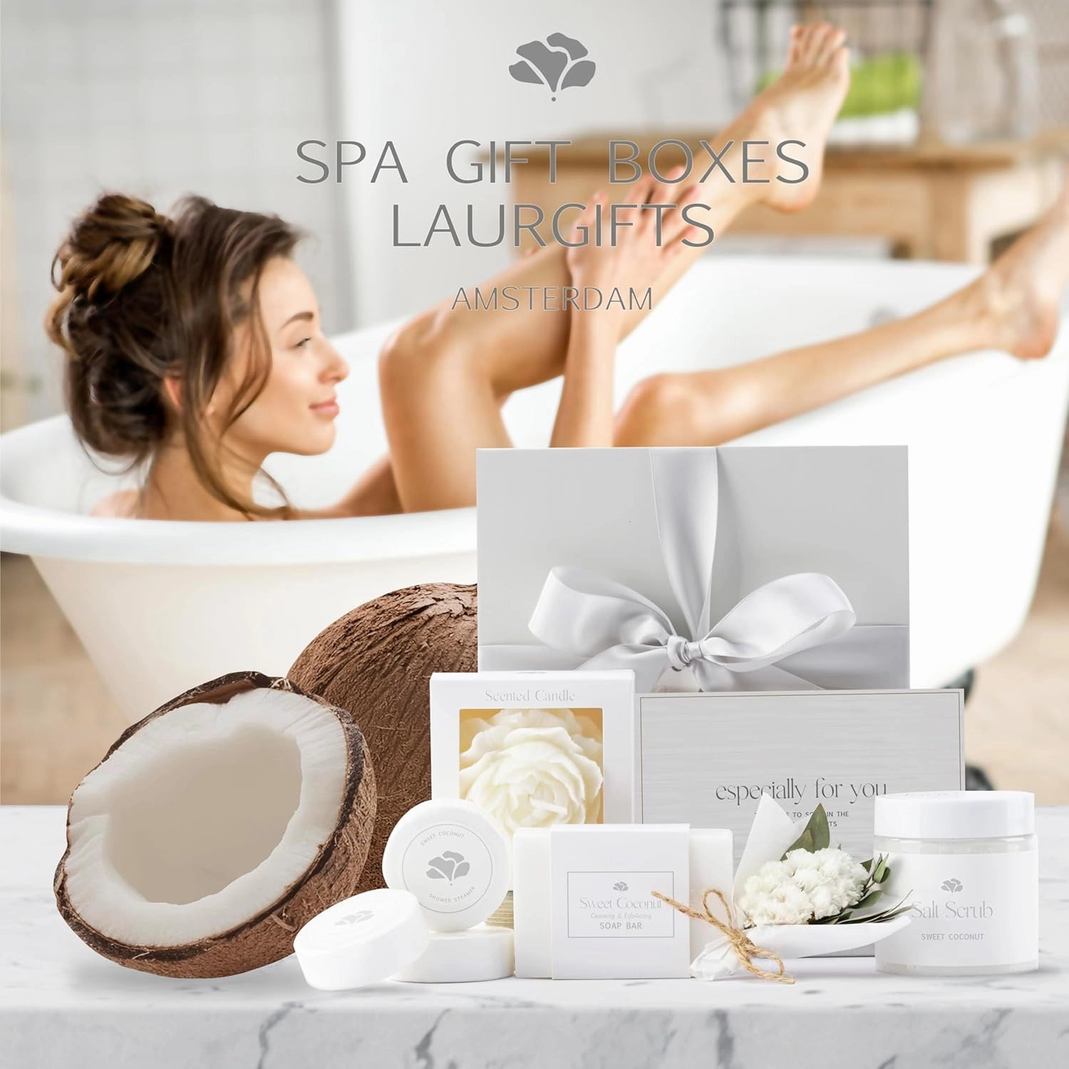 Sweet Coconut Spa Gift Baskets for Women – Scented Self Care Shower Essential - Elegant Kit for Mom, Wife, Sister, Friend - Body Bath Set - Aromatic Box for Occasions - Home Spa-Inspired