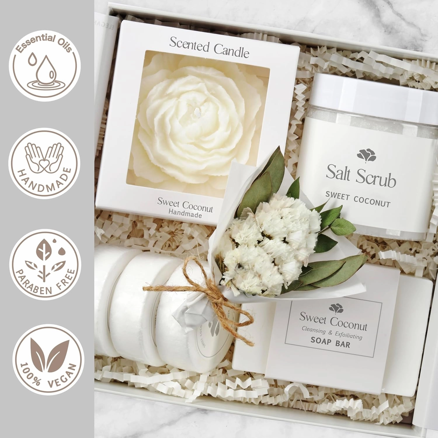 Sweet Coconut Spa Gift Baskets for Women – Scented Self Care Shower Essential - Elegant Kit for Mom, Wife, Sister, Friend - Body Bath Set - Aromatic Box for Occasions - Home Spa-Inspired