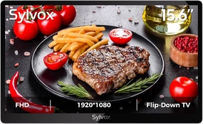 SYLVOX 15.6" Flip-Down TV for Under Cabinet, 12-Volt Small TV with 90-Degree Rotation, Digital Noise Reduction, and Storage Design for Kitchen, Bedroom, RV, and Yacht