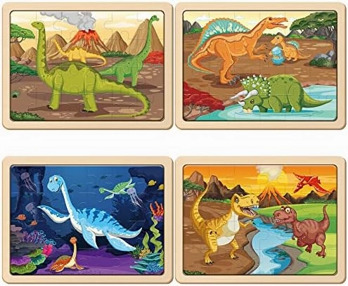 SYNARRY Large Dinosaur Wooden Puzzles for Kids 4 in 1 Gift Box(12.2 * 9.4 in) - FSC Certified, Jigsaw Puzzles for Kids Ages 4-6, Dinosaur Toys Gifts for 3 4 5 Year Old Boys Girls