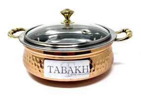 Tabakh Copper Stainless Steel Hammered Finish Handi/Lagan/Pot with Toughened Glass Lid and Brass Knob & Handles Capacity-780 ML