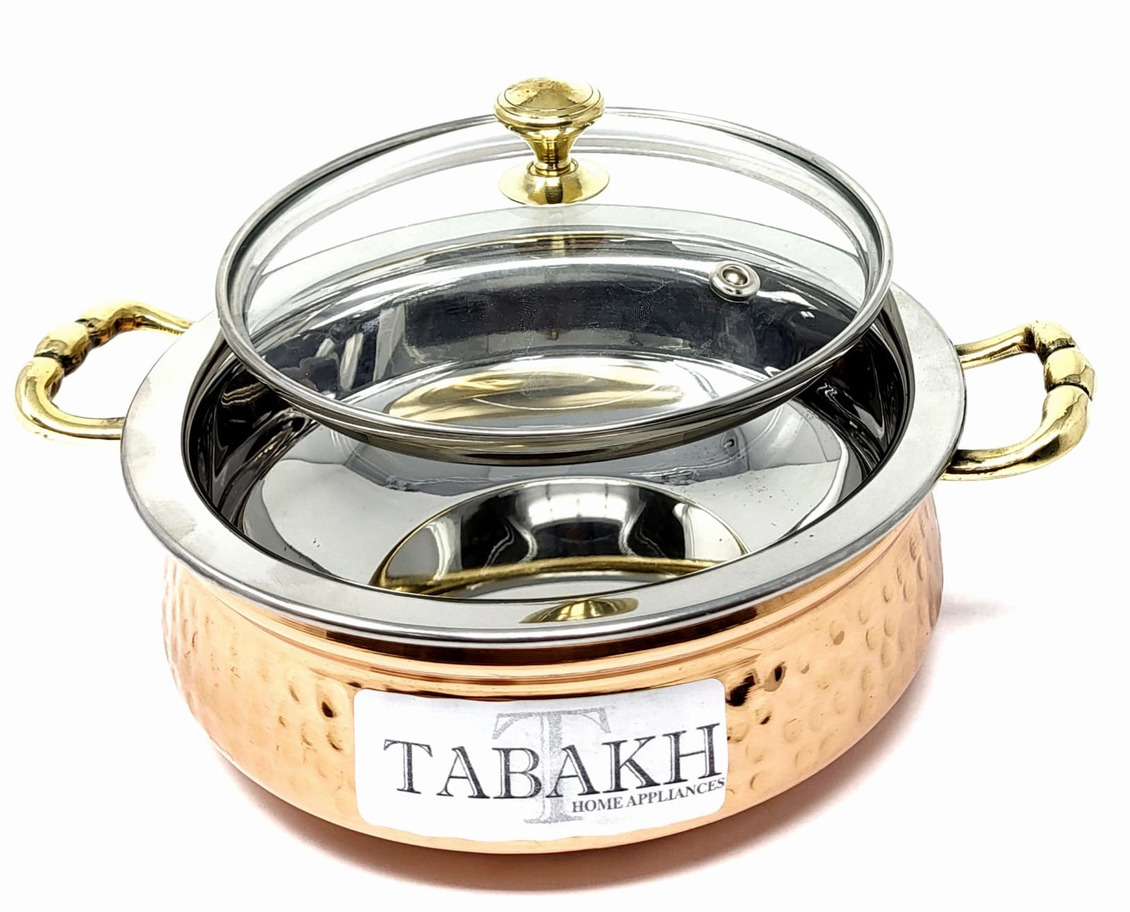 Tabakh Copper Stainless Steel Hammered Finish Handi/Lagan/Pot with Toughened Glass Lid and Brass Knob & Handles Capacity-780 ML