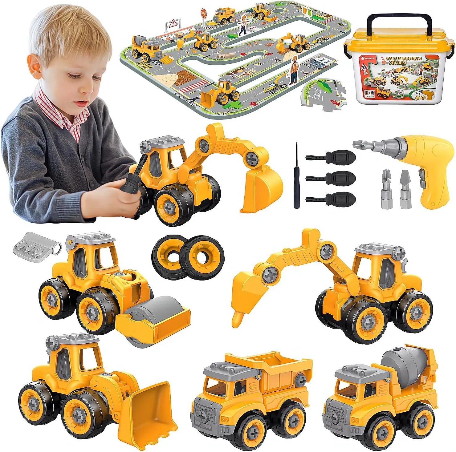 Take Apart Construction Truck Toys for Kids Ages 3-8 | STEM Learning Building Kit with Electric Drill Tool & Puzzle Play | Educational Engineering Toys Gift for Boys Girls Toddlers (Birthday, Holiday)