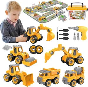 Take Apart Construction Truck Toys for Kids Ages 3-8 | STEM Learning Building Kit with Electric Drill Tool & Puzzle Play | Educational Engineering Toys Gift for Boys Girls Toddlers (Birthday, Holiday)