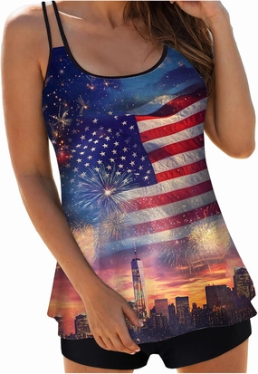 Tankini Swimsuits for Women 4th of July Tummy Control Swimsuit Bathing Suit Top with Boyshorts Flowy Swimwear