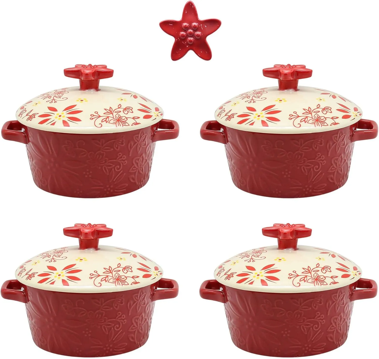 Temp-tations by Tara Temp-tations Set-of-4 (12 oz) Ramekins w/Stoneware Lid, Single Serving Crock, Muffin, Cupcake (Classic Red)