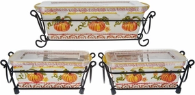 Temp-tations Set of 3 (1 Regular, 2 Mini) Loaf Pans w/Plastic Covers & Wire Racks, Stoneware (Old World Pumpkin)