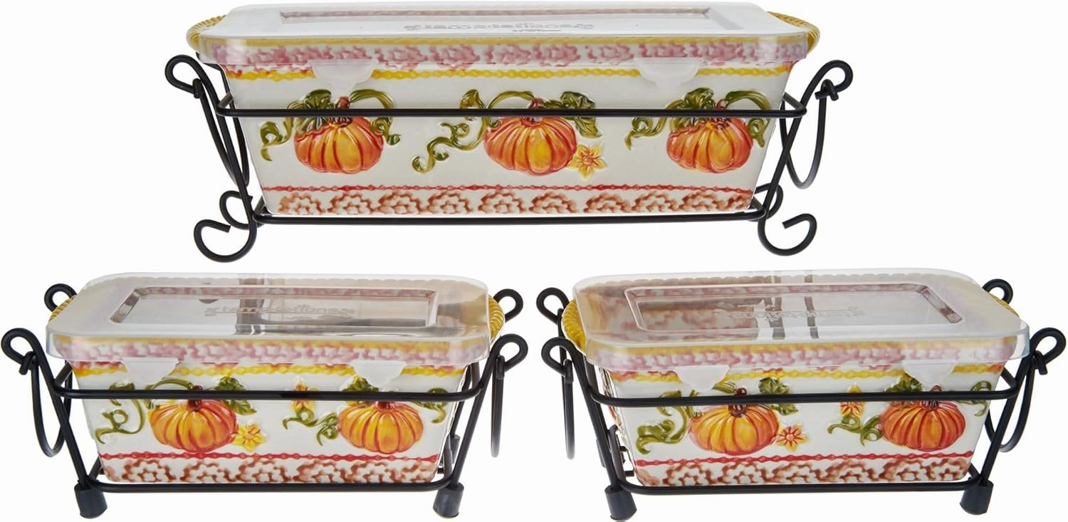 Temp-tations Set of 3 (1 Regular, 2 Mini) Loaf Pans w/Plastic Covers & Wire Racks, Stoneware (Old World Pumpkin)