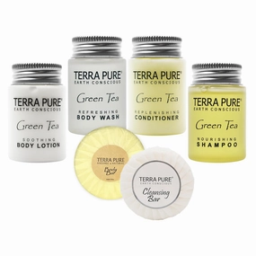 Terra Pure White Tea and Coconut | 150 pcs 1oz Shampoo and Conditioner, Body Wash, Lotion, 1.25oz Bar Soap and 100 pcs Cleansing Bar Soap