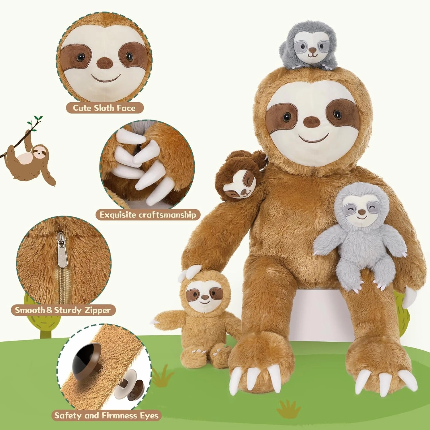 Tezituor 5Pcs Sloth Stuffed Animal Plush Set, 23 inch Large Realistic Mommy Stuffed Sloth with 4 Cute Babies Soft Plush Pillow for Girl Boy