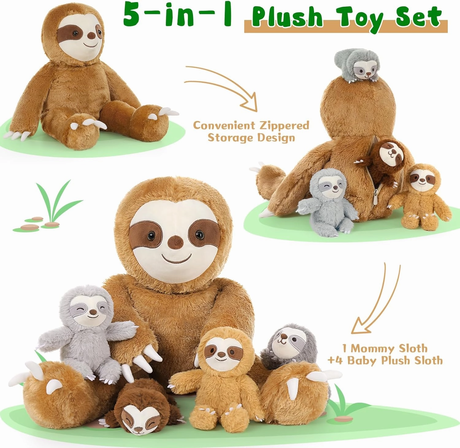 Tezituor 5Pcs Sloth Stuffed Animal Plush Set, 23 inch Large Realistic Mommy Stuffed Sloth with 4 Cute Babies Soft Plush Pillow for Girl Boy