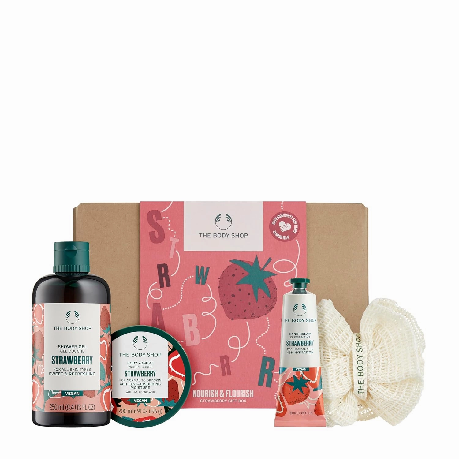 The Body Shop Nourish & Flourish Strawberry Body Care Gift Set, Vegan, 4-Piece Gift Set