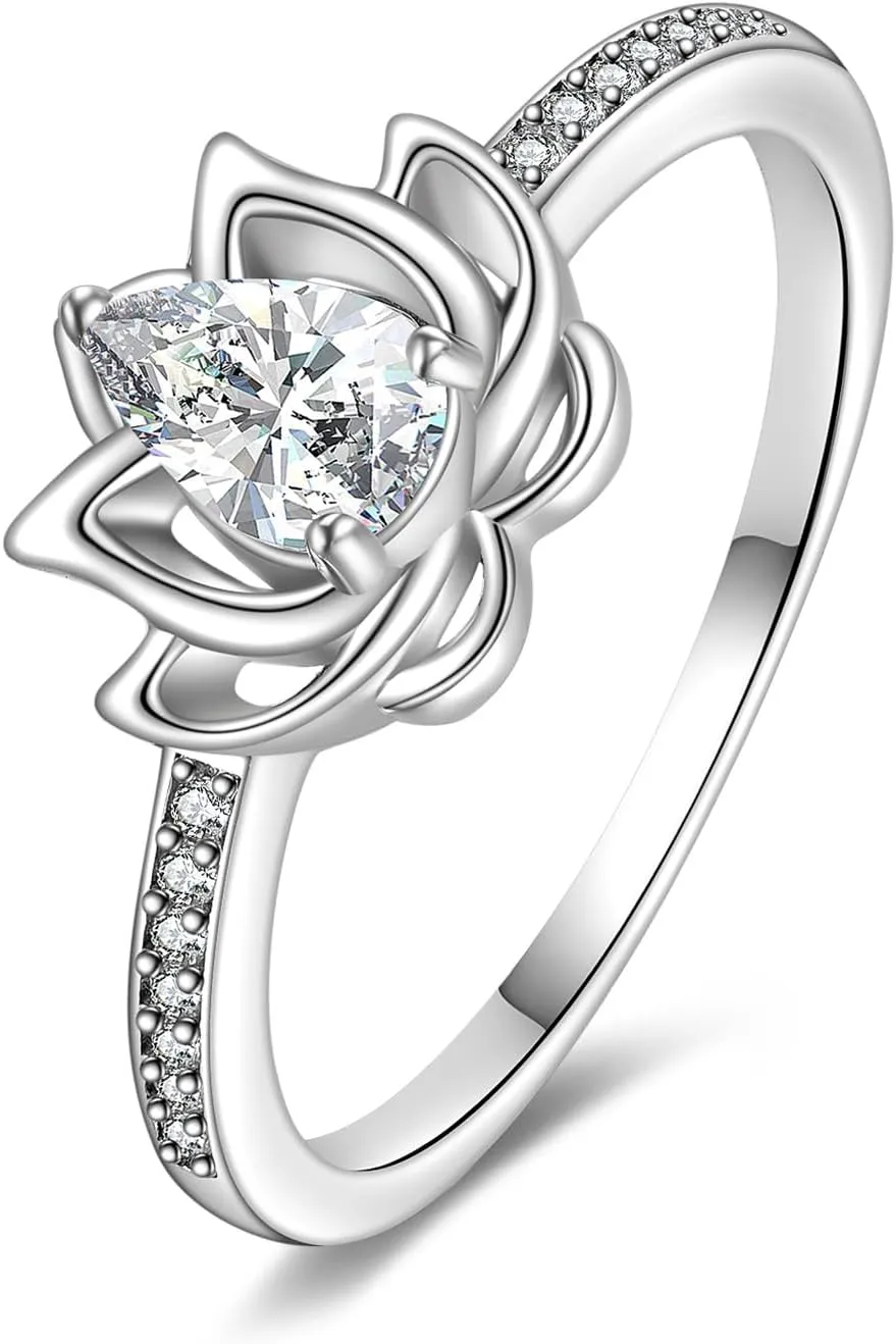 TIGER RIDER Sterling Silver Lotus Ring for Women Cubic Zircon Lotus Flower Rings Yoga Ring Lotus Jewelry Birthday Mothers Day Gifts for Mom Men