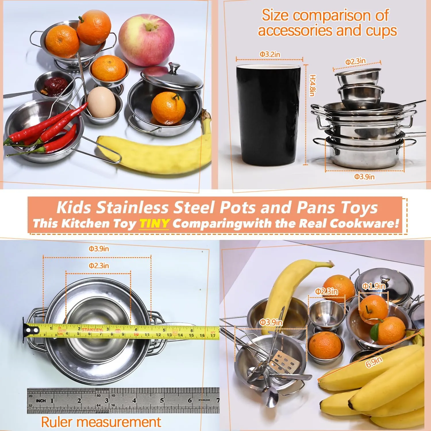 Tiny Classic Stainless Steel Kitchen Toys Cooking Utensils Set-Pretend Play Pots Pans Toy Cookware Kits for Kids Cooking Utensil Set Interactive Learning Role Play Educational Toys for Kids Mini Size