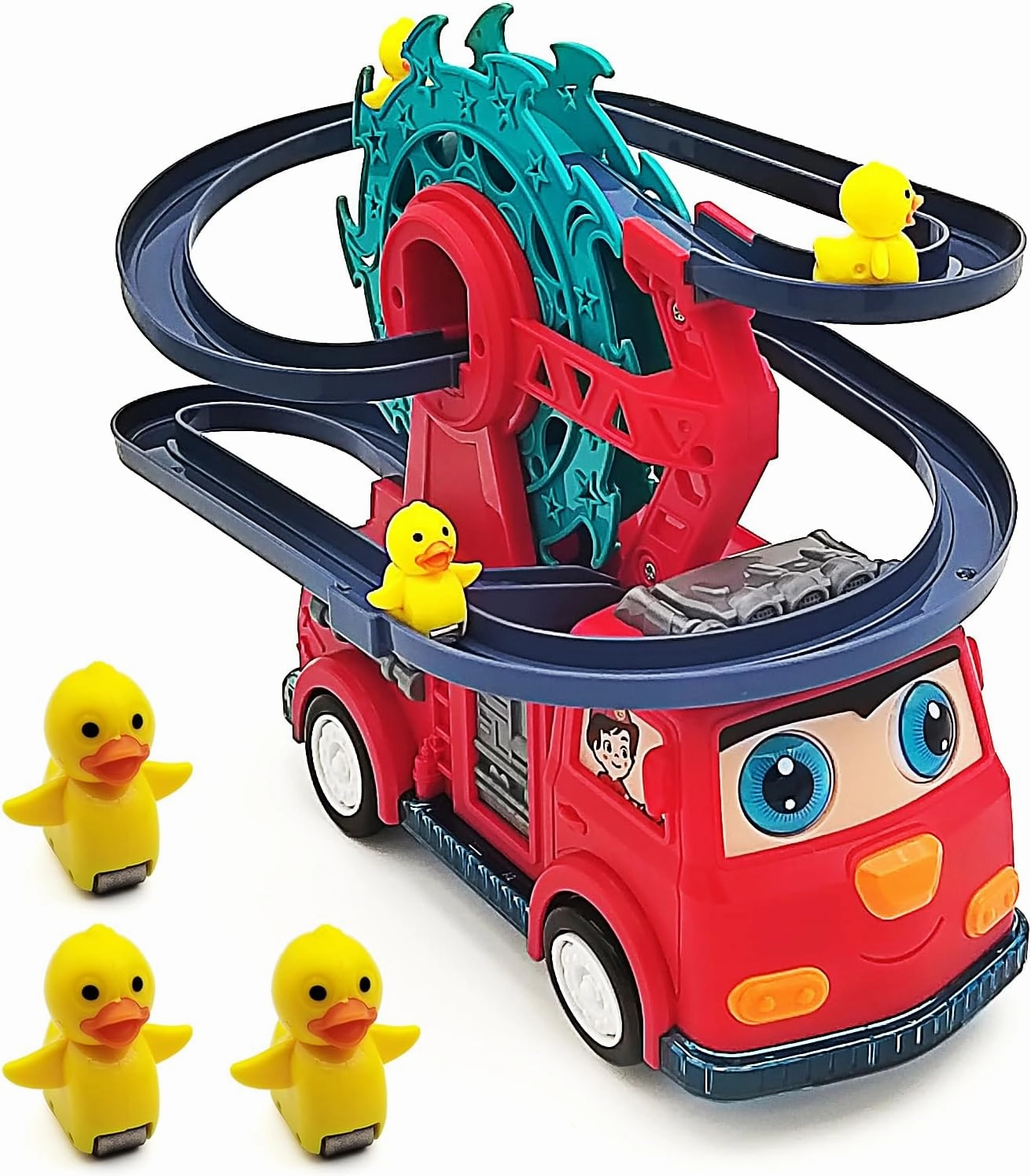 Tipmant Electric Fire Engine Track Rail Car Toy Vehicle Truck Playset Automatic Driving, Sound, Luminous Light, Kids Birthday Gifts (Red)