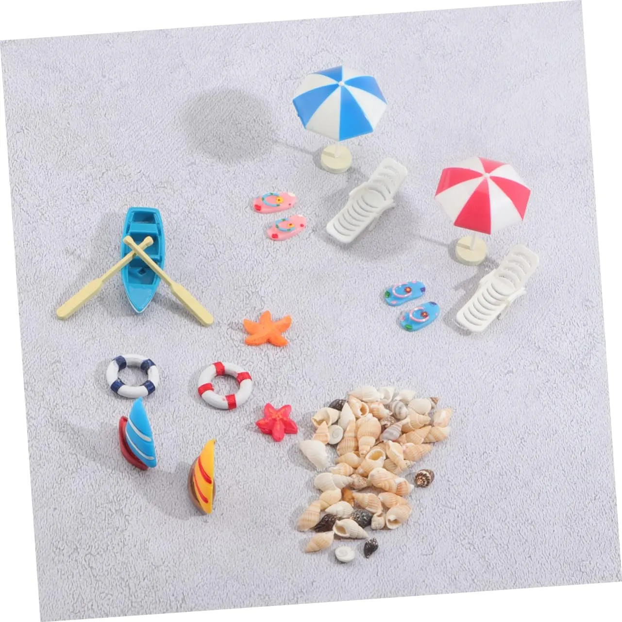 Totority 1 Set 13pcs Miniature Beach Adornments Resin Boat Longue Umbrella Slippers for Mini House Sandbox Plant Decoration for Imagination Craft Collectibles