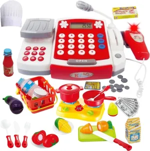 Toy Cash Register for Kids with Scanner, Play Money, Fake Credit Card, Calculator, Cutting Food & Pot Playset, Hat, Supermarket Grocery Play Store Pretend Cashier Gift for Toddlers Boys Girls