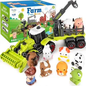 Tractor Car Toy with Trailer and 10 Farm Animals Finger Toys for Toddler, Kids 2 3 4 5 6, Assembly Need 62Pieces Contruction Harvester Take Part Vehicle