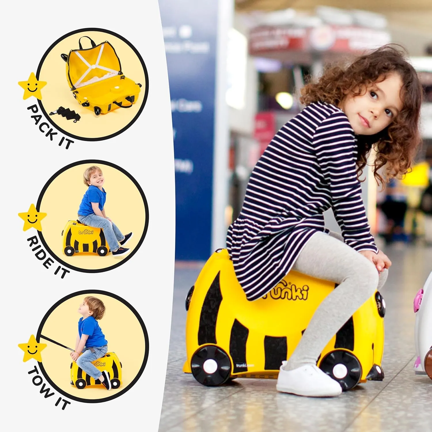 Trunki Ride-On Kids Suitcase | Tow-Along Toddler Luggage | Carry-On Cute Bag with Wheels | Kids Luggage and Airplane Travel Essentials: Bernard Bee Yellow