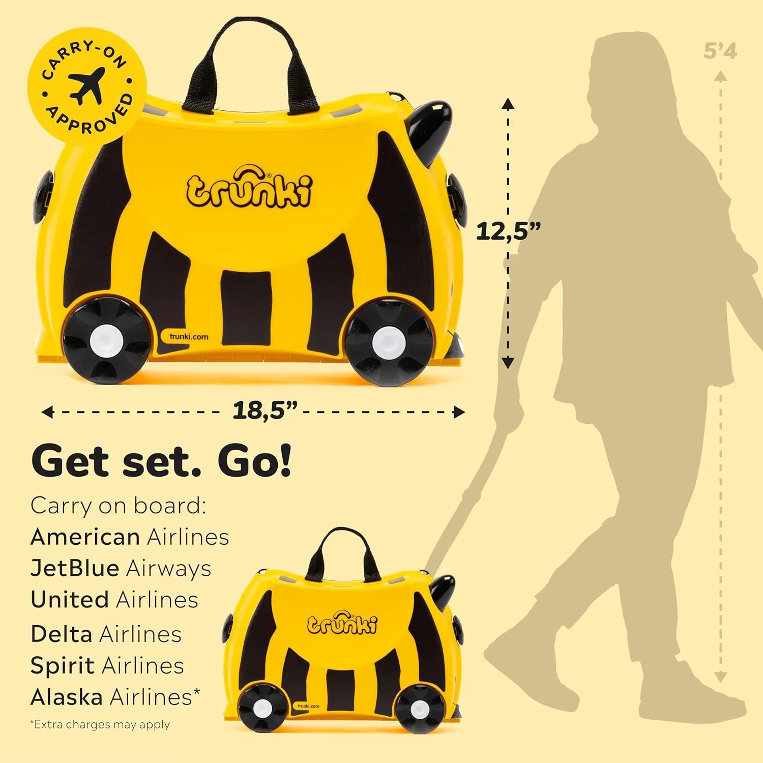Trunki Ride-On Kids Suitcase | Tow-Along Toddler Luggage | Carry-On Cute Bag with Wheels | Kids Luggage and Airplane Travel Essentials: Bernard Bee Yellow