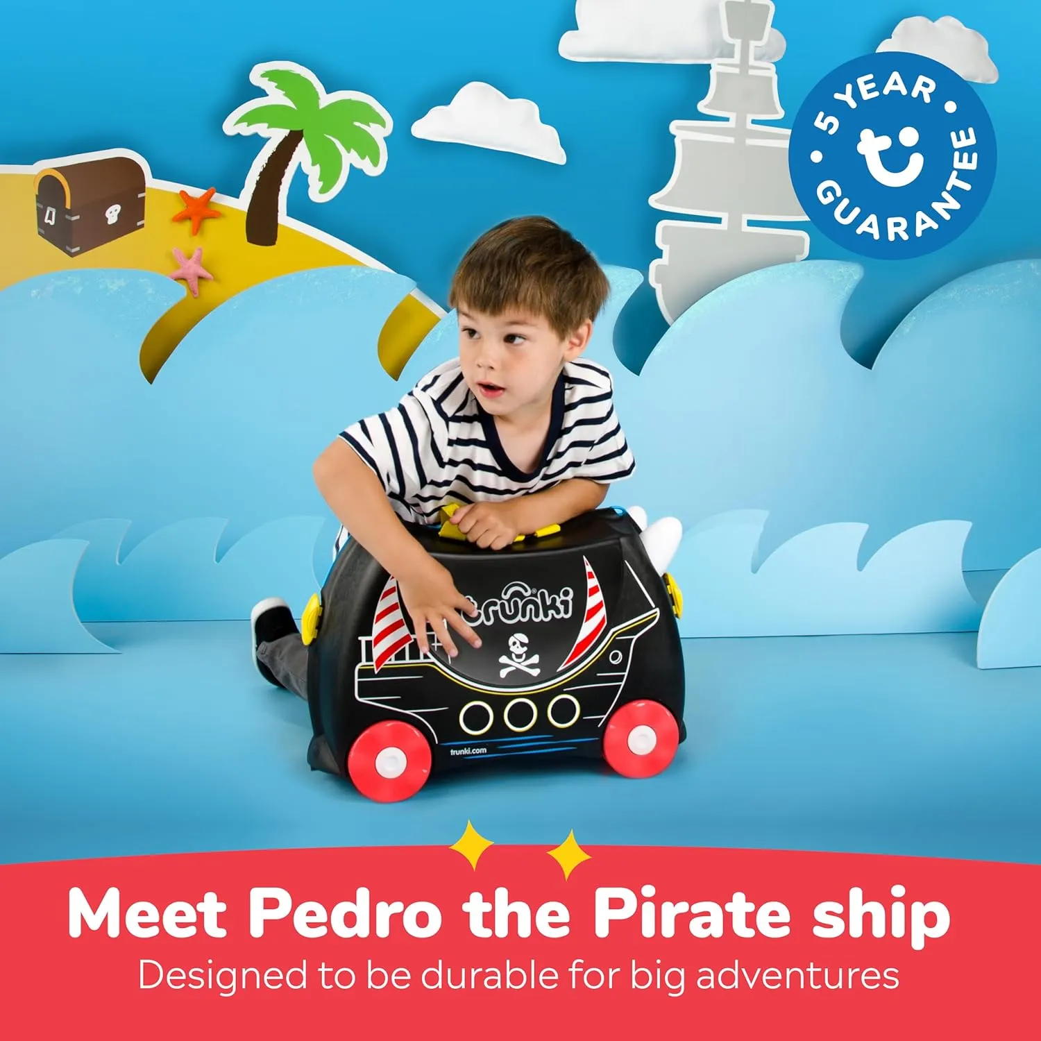 Trunki Ride-On Kids Suitcase | Tow-Along Toddler Luggage | Carry-On Cute Bag with Wheels | Kids Luggage and Airplane Travel Essentials: Pedro Pirate Ship Black