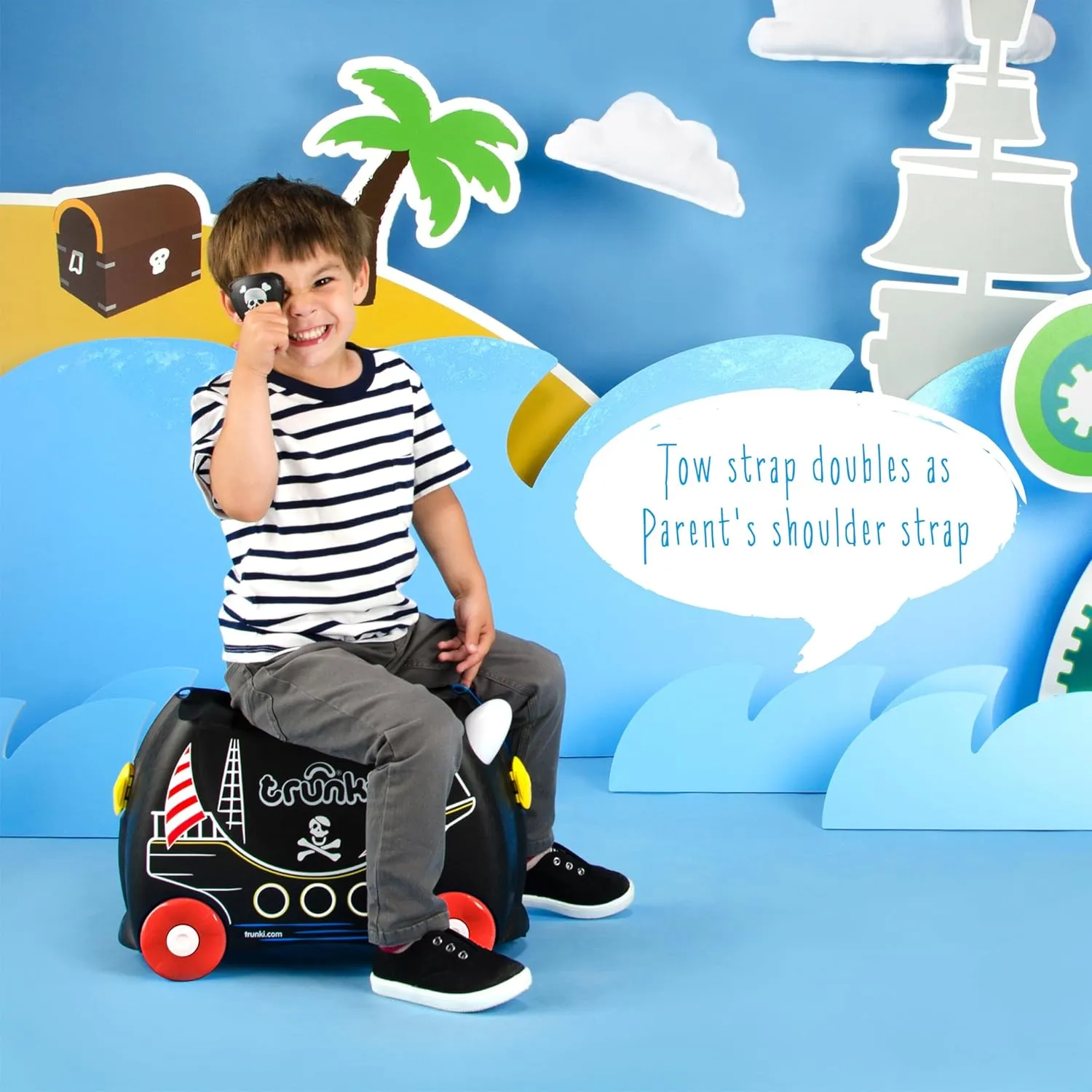 Trunki Ride-On Kids Suitcase | Tow-Along Toddler Luggage | Carry-On Cute Bag with Wheels | Kids Luggage and Airplane Travel Essentials: Pedro Pirate Ship Black