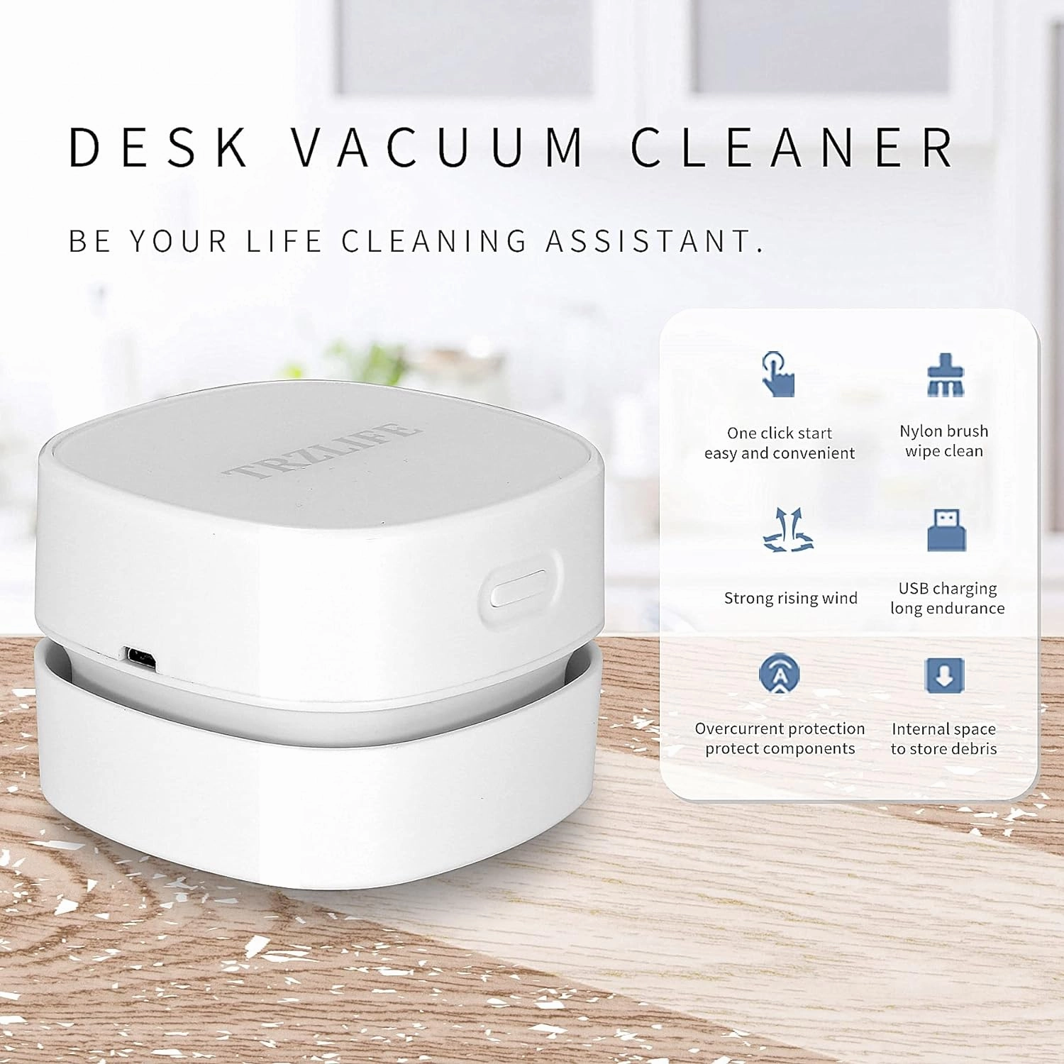 TRZLIFE Desk Vacuum, Rechargeable and Durable Table Vacuum with Bonus Accessories Mini Desk Cleaner Sucks Tiny Items and Crumbs from Desktop, Drawer, Countertop Ideal as a Tech White Elephant Gift