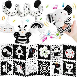 TSYAN Black and White High Contrast for 0-6 Months Newborn,Car Seat Toys &Baby Hanging Rattle Toys Soft Cloth Book for Crib Mobile Brain Development Infant Baby Boys Girls