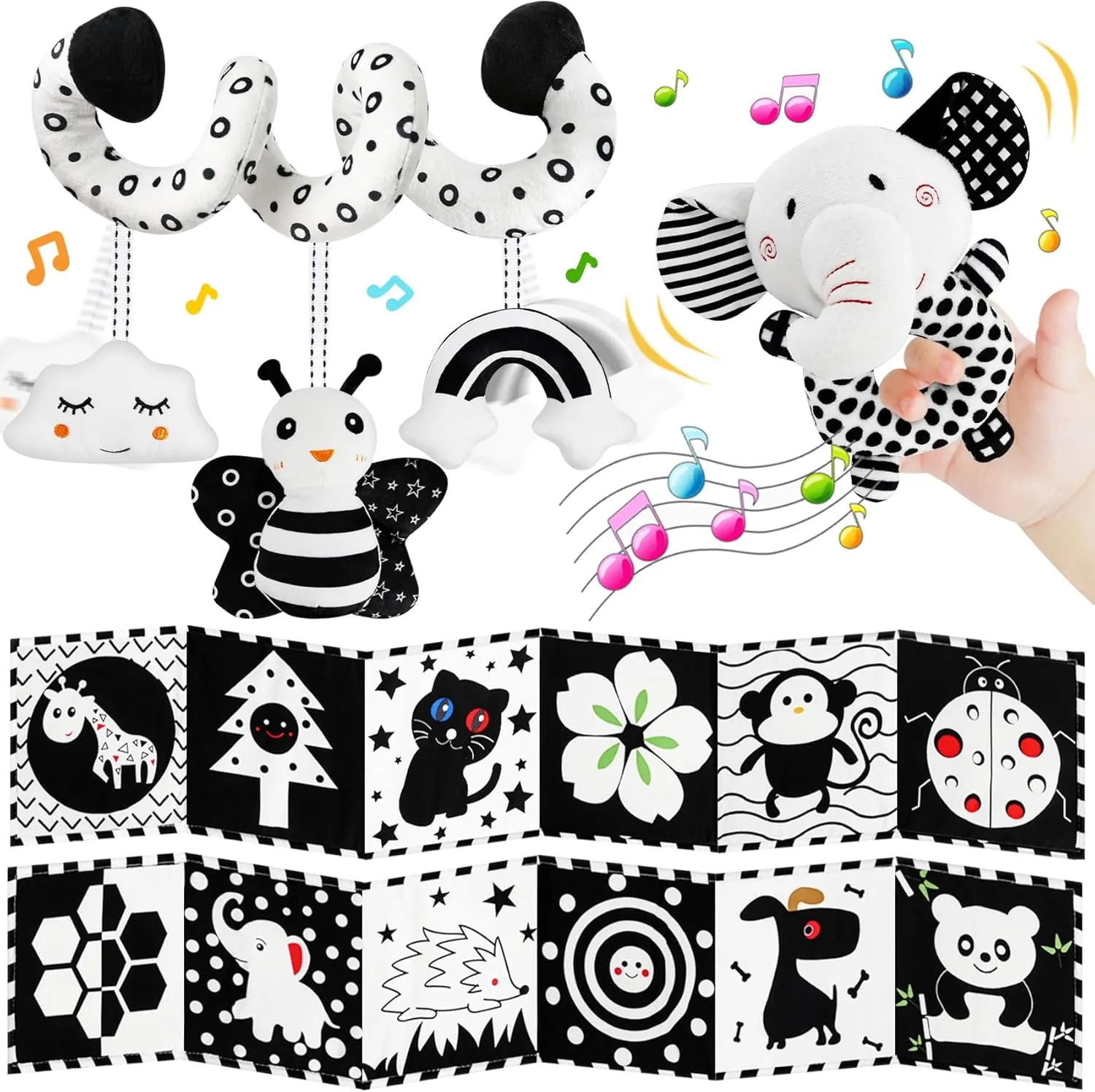 TSYAN Black and White High Contrast for 0-6 Months Newborn,Car Seat Toys &Baby Hanging Rattle Toys Soft Cloth Book for Crib Mobile Brain Development Infant Baby Boys Girls