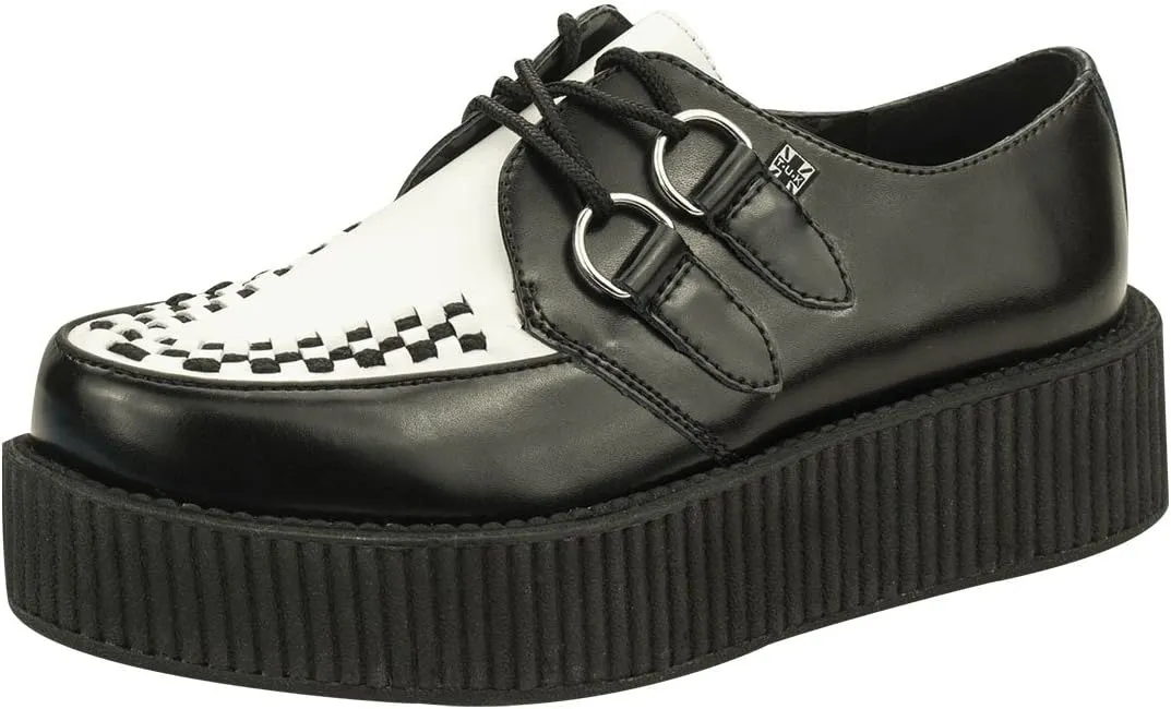 T.U.K. Black/White Leather Viva Mondo Creepers Shoes for Women and Men, Lace Up Platform Shoes | US Women 7 / Men 5