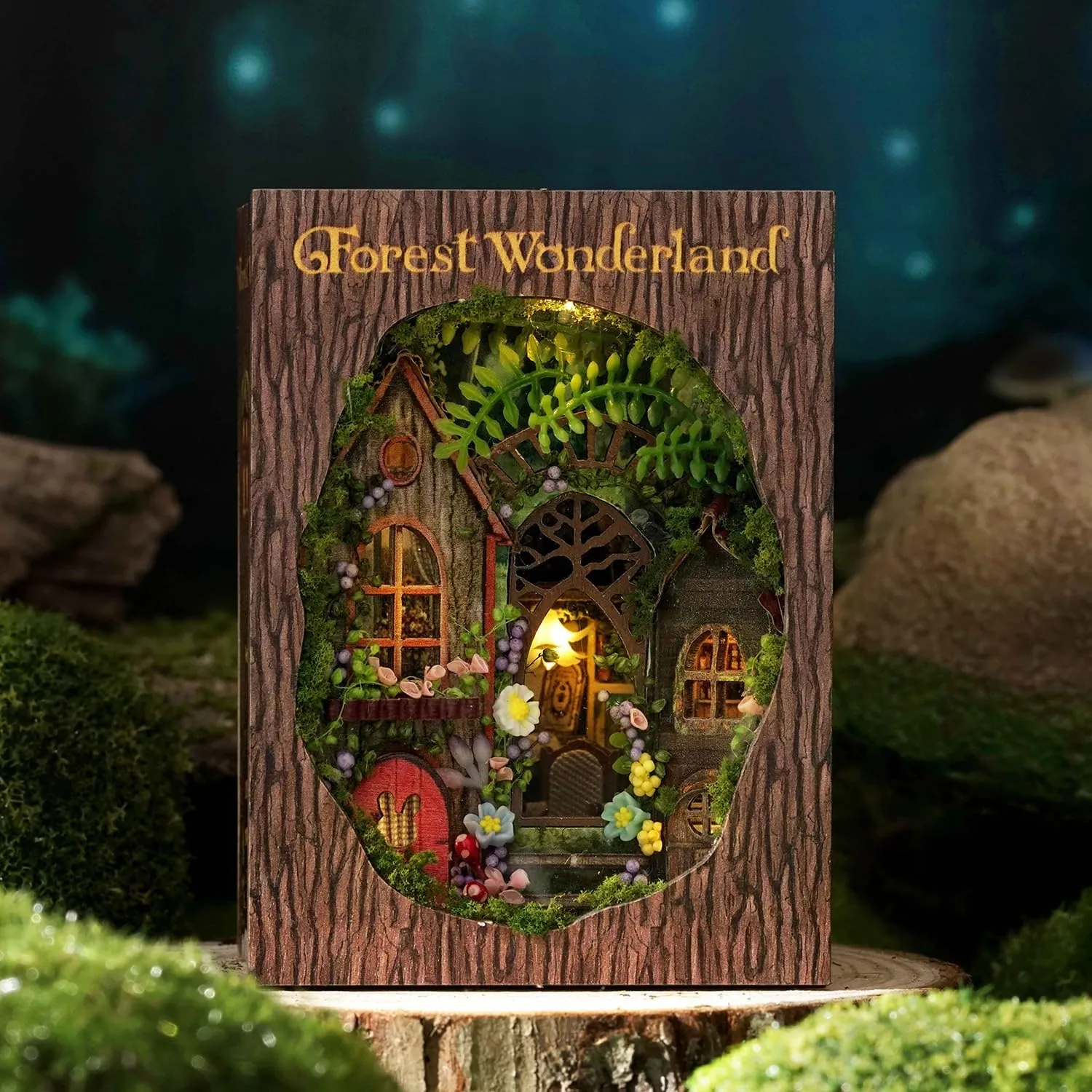 TuKIIE DIY Miniature Dollhouse Kit with Furniture, 1:32 Scale Opened & Closed Mini Cube Wooden Doll House Book Nook Creative Room for Kids Teens Adults(Forest Wonderland)
