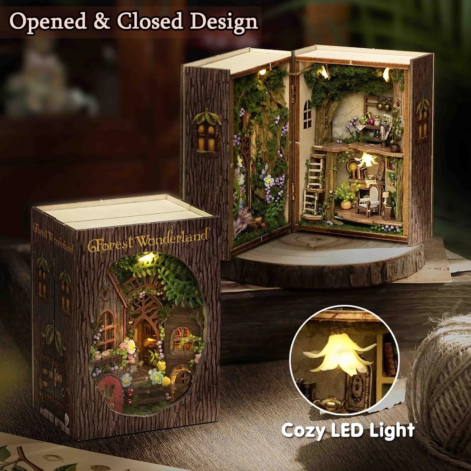 TuKIIE DIY Miniature Dollhouse Kit with Furniture, 1:32 Scale Opened & Closed Mini Cube Wooden Doll House Book Nook Creative Room for Kids Teens Adults(Forest Wonderland)