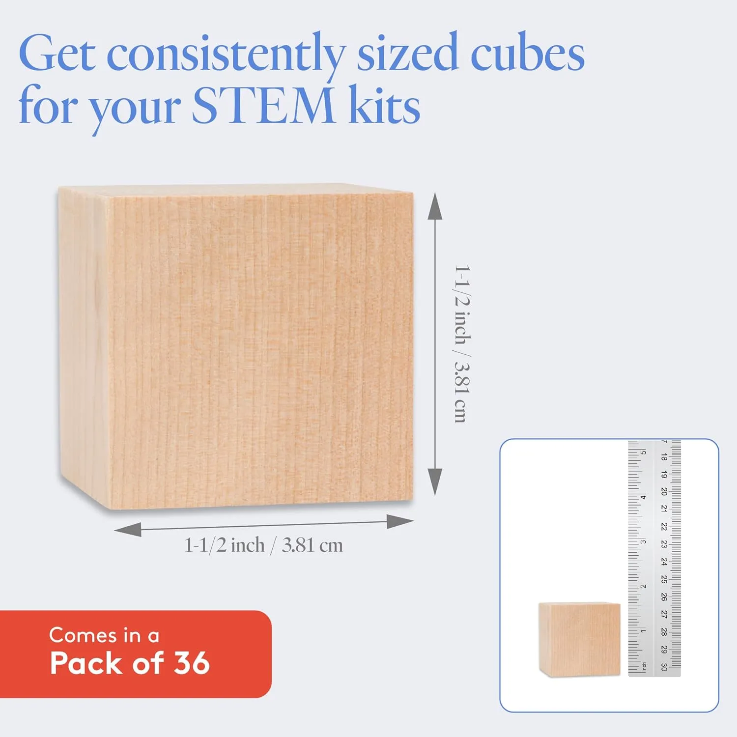 Unfinished Wood Craft Cubes 1-1/2 inch, Pack of 36 Small Wooden Blocks to Decorate, Wooden Cubes for Crafts and Dcor, by Woodpeckers