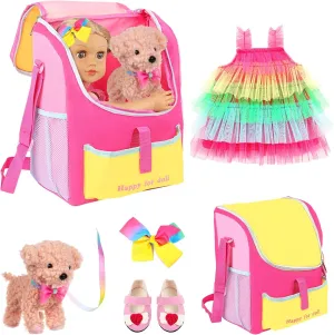 UNICORN ELEMENT 5 Items 18 inch Dolls Bag Carrier Set and Accessories Including 18 Inch Doll Clothes, Shoes, Hairband, Doll Backpack and Toy Dog(NO Doll)