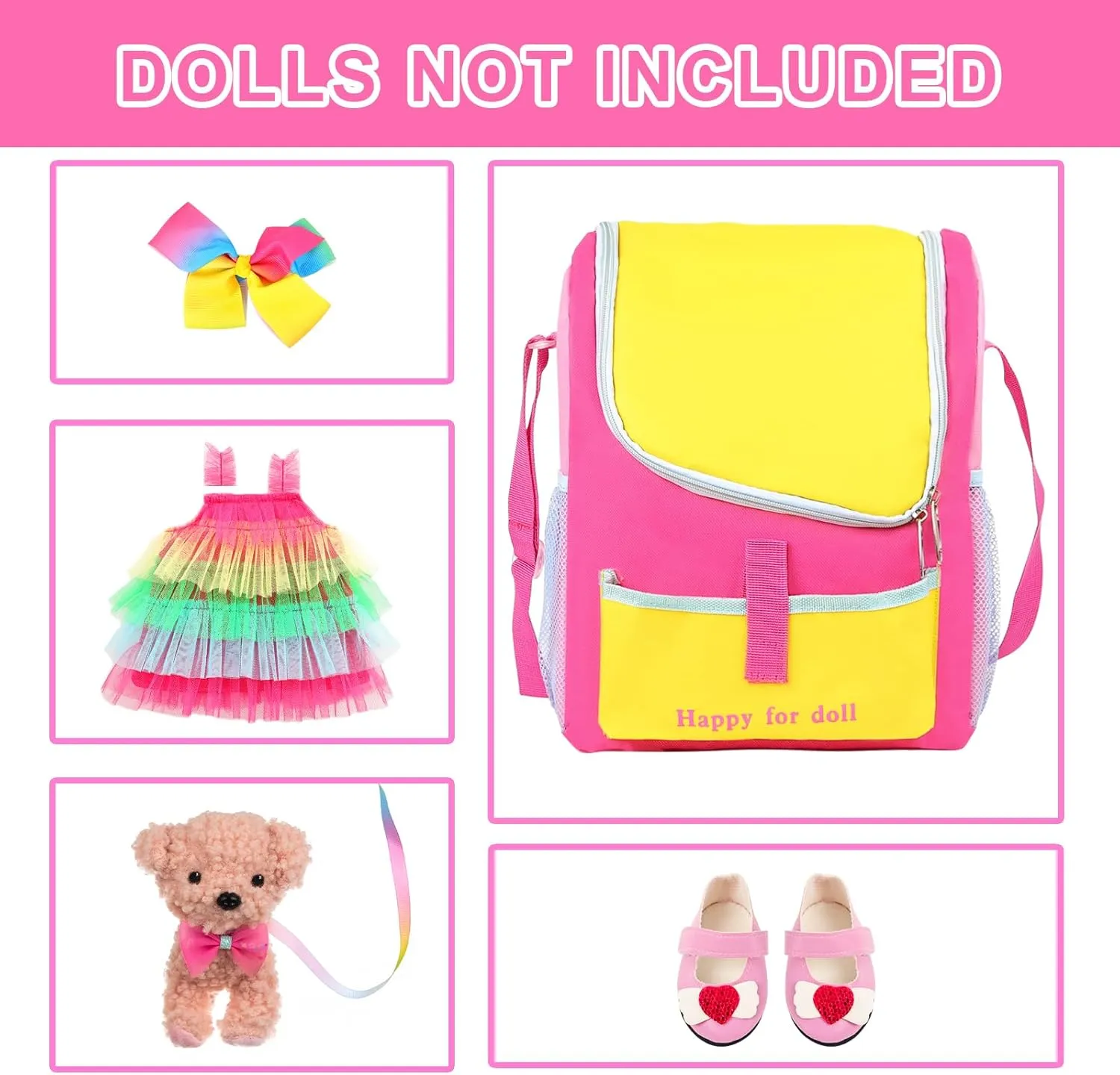 UNICORN ELEMENT 5 Items 18 inch Dolls Bag Carrier Set and Accessories Including 18 Inch Doll Clothes, Shoes, Hairband, Doll Backpack and Toy Dog(NO Doll)