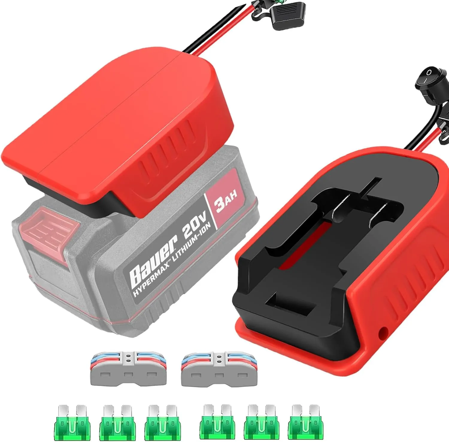UNIKI 2 Pack Power Wheel Adapter for Bauer 20V Battery Converter Kit with Fuses & Wire Terminals, 14AWG Wire, Power Connector for DIY RC Car Toys, Robotics and RC Trucks
