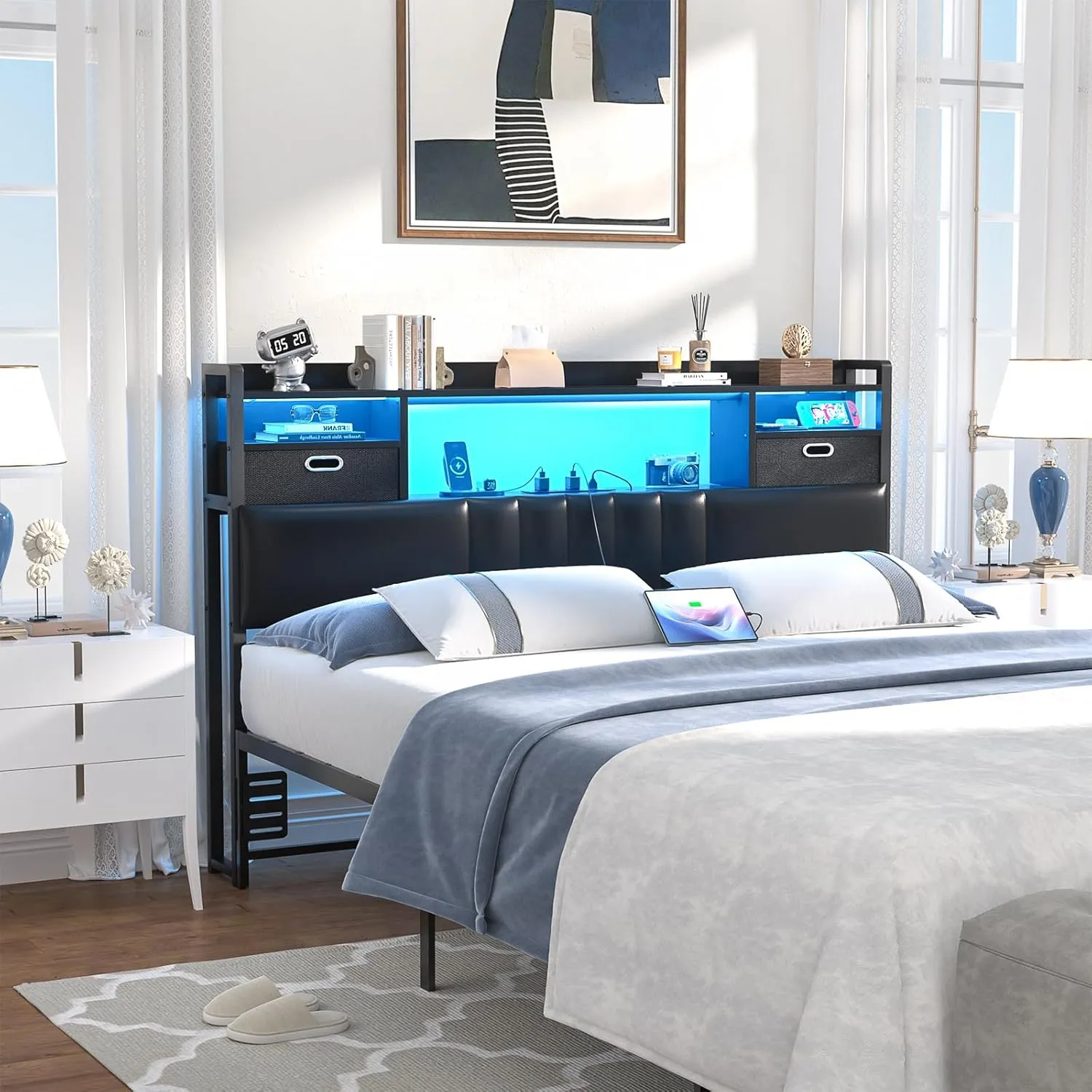 Unikito Full Size Headboard with Drawer Storage and RGB LED Light, Full Upholstered Headboard with Charging Station and Bookcase, Stable Full Headboard Only, for Bedroom/Dorm Room/Guest Room, Black
